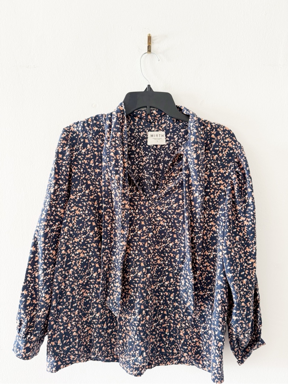 MIRTH Cotton Neck Tie Long Sleeve Blue & Peach Speckled Blouse Size Small (S)